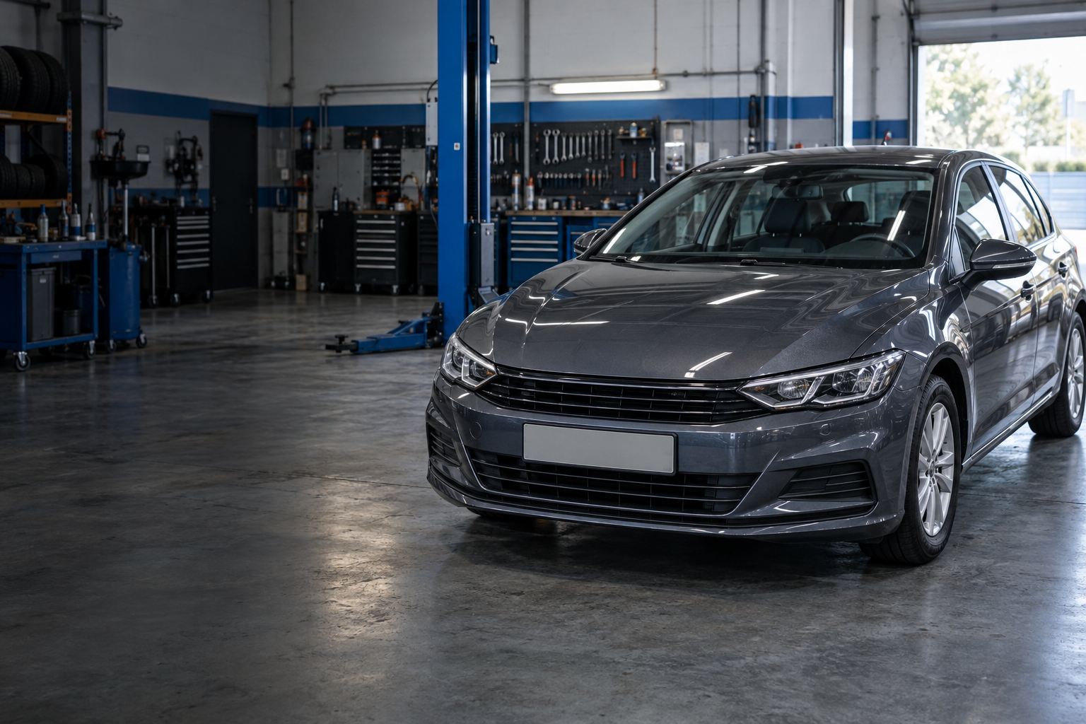 Coche gris en un taller equipado con herramientas y elevador