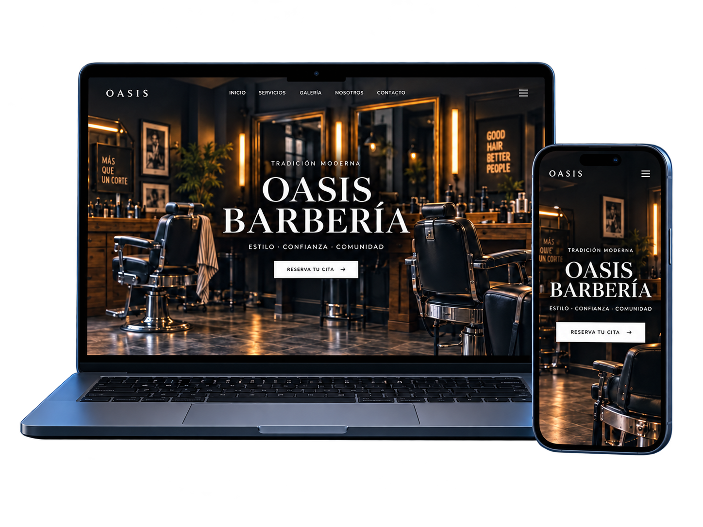 Concepto de web de Oasis Barbería mostrado en un portátil y un móvil